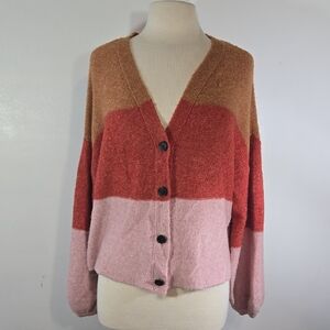 American Eagle Colorblock Cropped Balloon Sleeve Button-Up Sweater XSmall